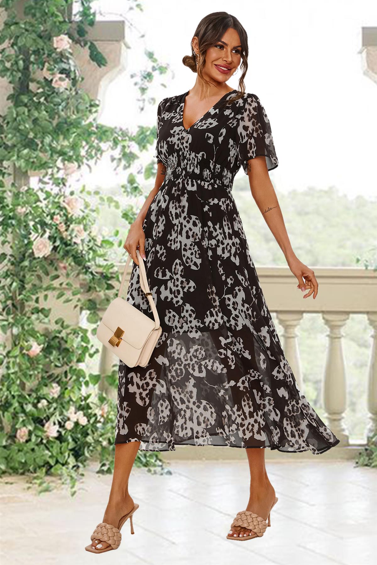 Leopard Floral Print Angel Sleeve Maxi Dress In Black