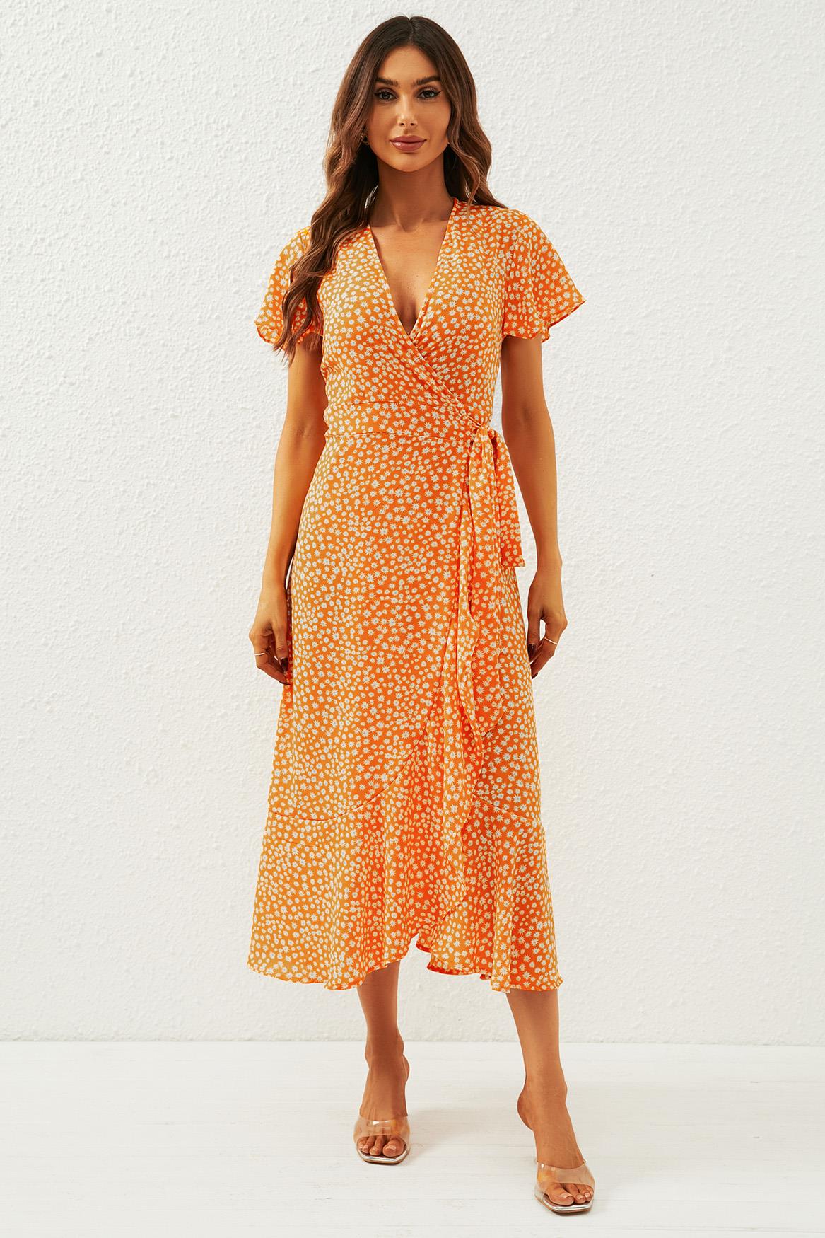 Floral Print Wrap Midi Dress In Orange Yellow Fs Collection London