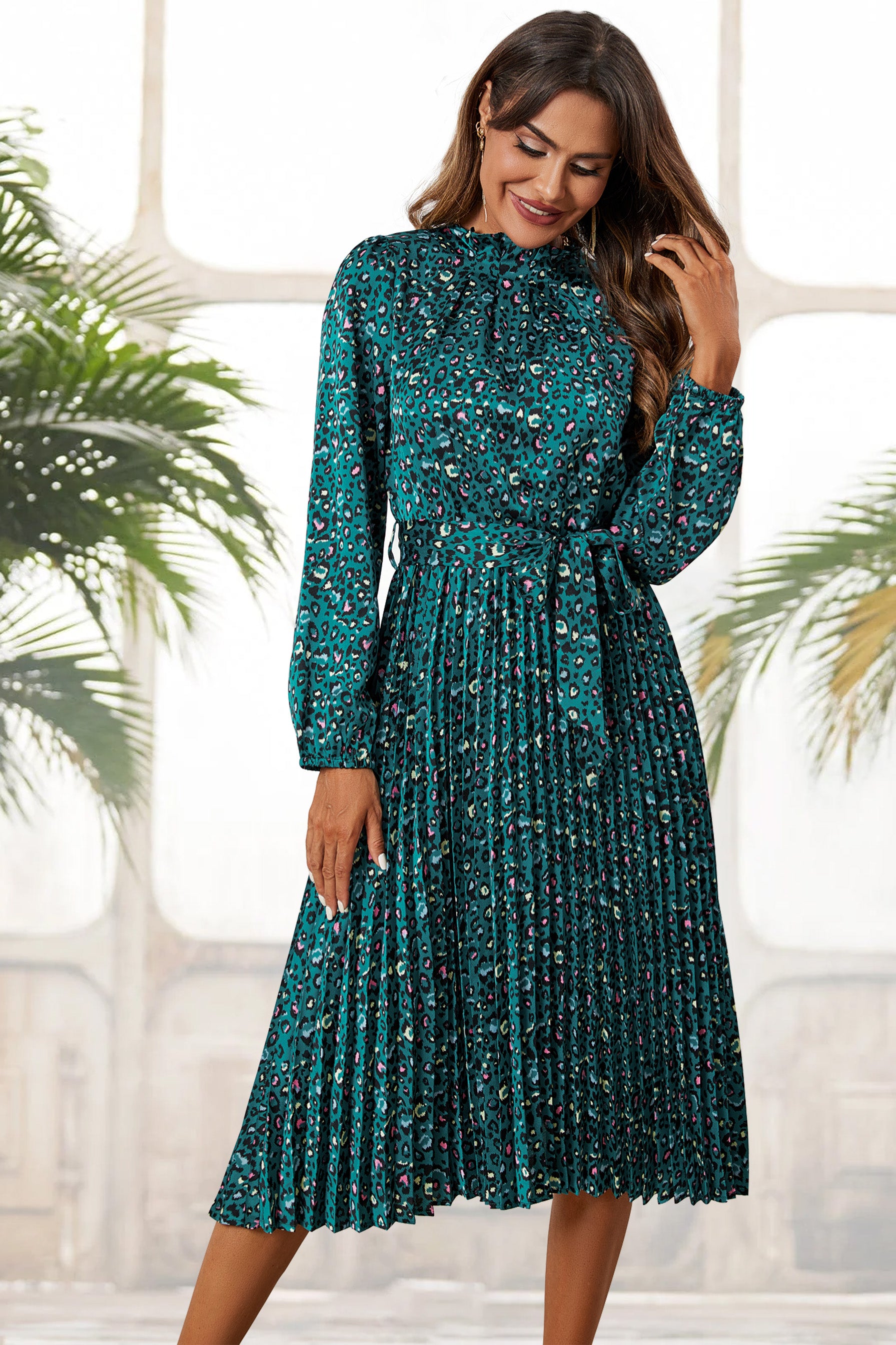 Leopard Print High Neck Long Sleeve Midi Dress In Blue Fs Collection