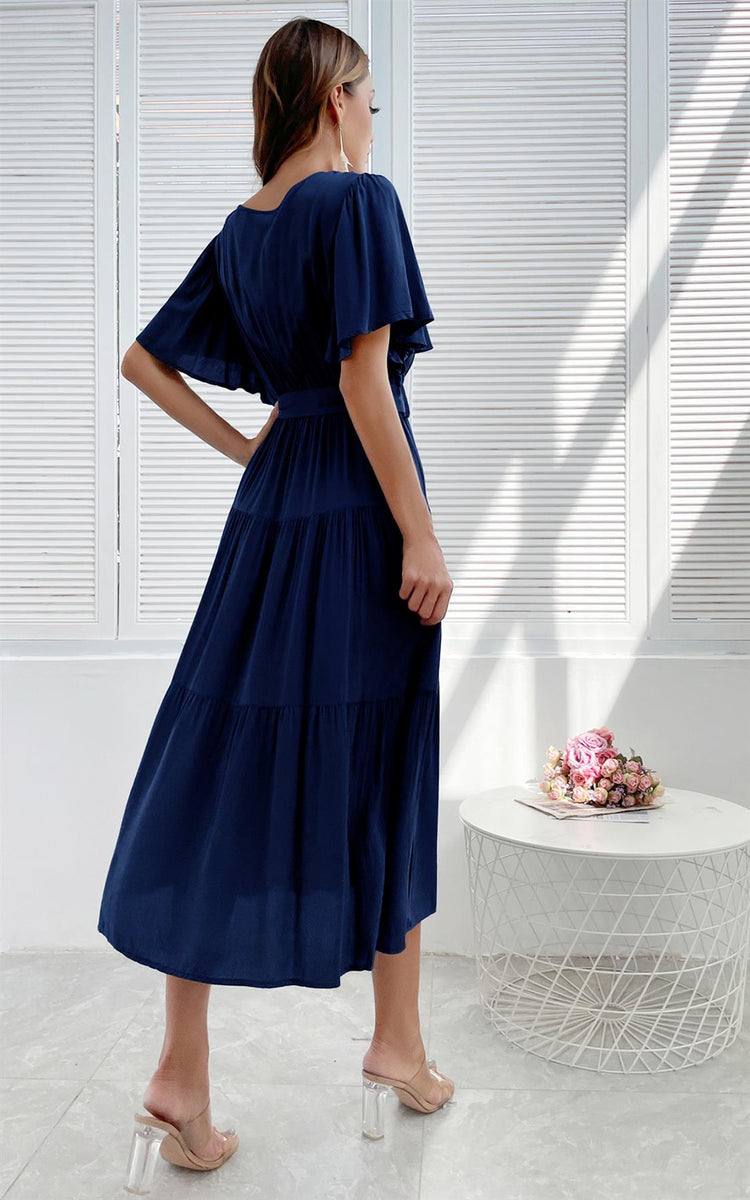 Flutter Sleeve Midi Wrap Dress In Navy – FS Collection (London)