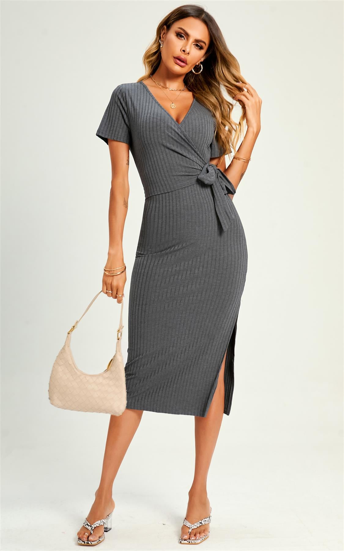 Grey wrap midi on sale dress