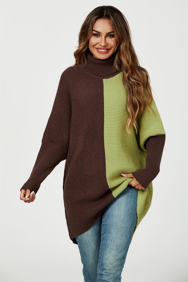 High Neck Half Brown & Green Block Colour Jumper Top