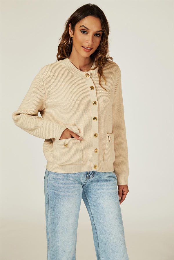 Pocket Details Knitted Cardigan In Camel