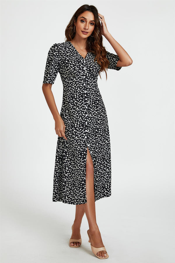 Little Floral Print Button Front Midi Dress In Black