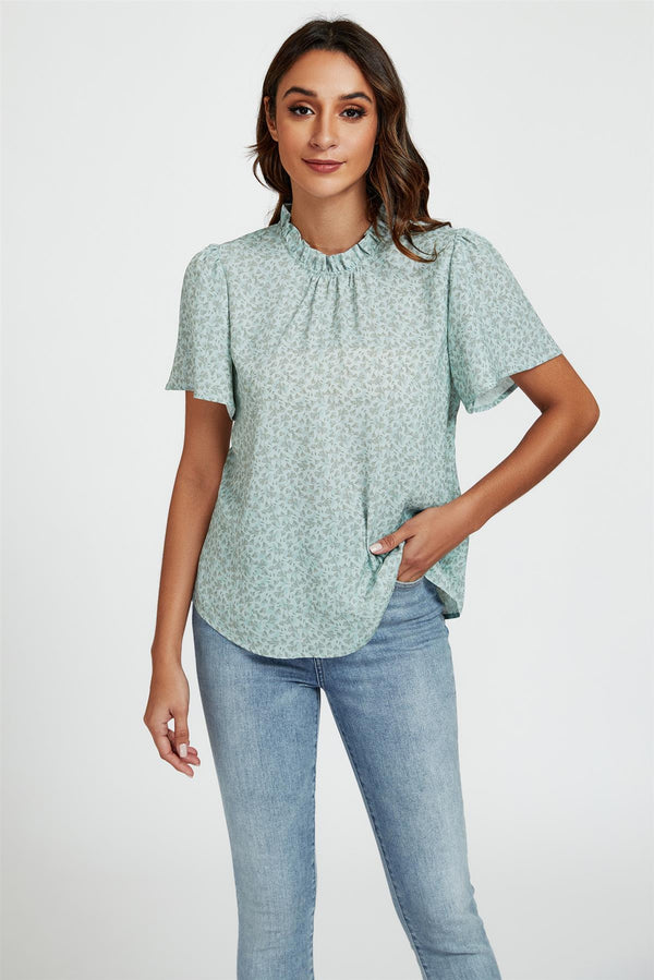 Grey Little Floral Print Angle Sleeve High Neck Top/Blouse In Blue