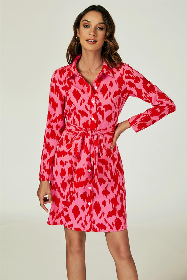 Abstract Print Shirt Mini Wrap Dress In Pink
