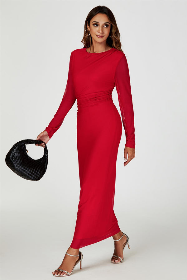 Long Sleeves Mesh Midi Dress In Red