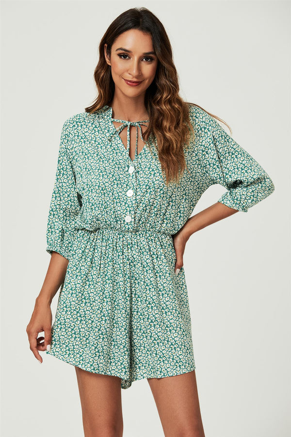 Daisy Floral Print Boho Playsuit With Buttons In Green