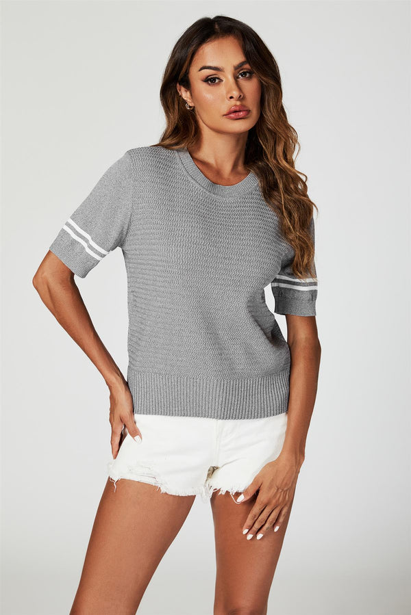 Striped Detail Knitted T-Shirt with Crew Neck In Grey