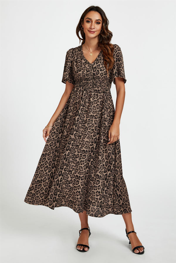 Leopard Print V Neck Midi Dress In Brown