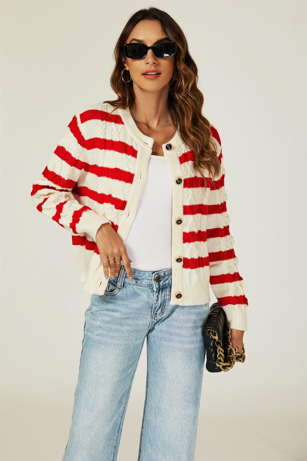 Stripe Pattern Knitted Cardigan In Red