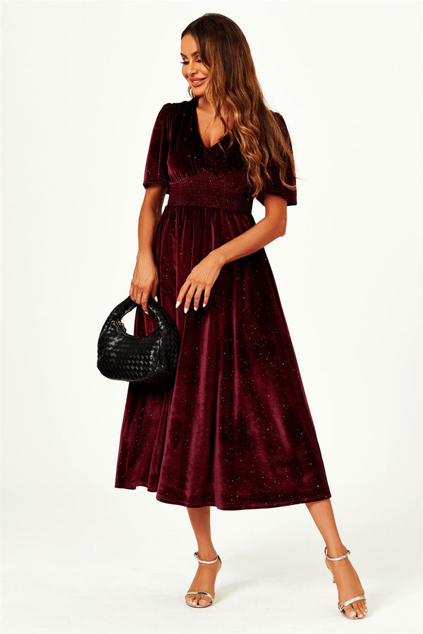 V Neck Velvet Midi Dress In Wine