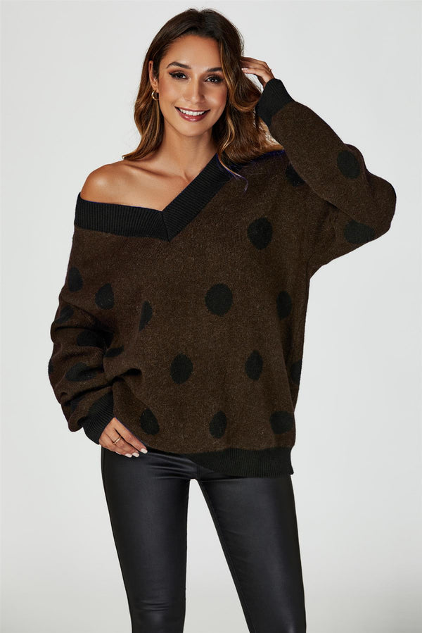 Wool Blended V Neck Jumper In Brown& Black Polka Dot