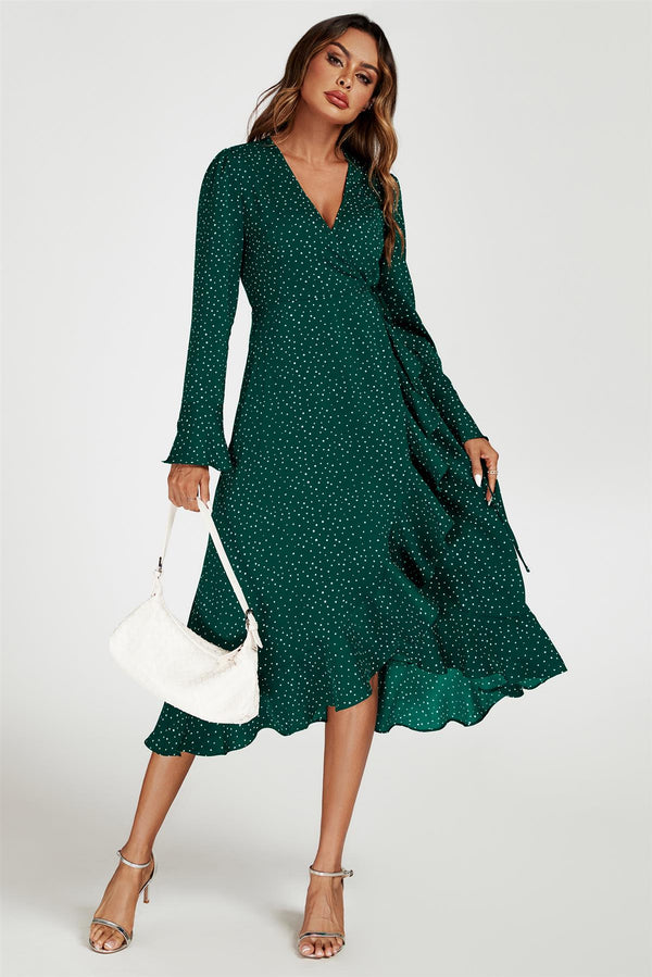 Dot Print Wave Front Frill Wrap Midi Dress In Green