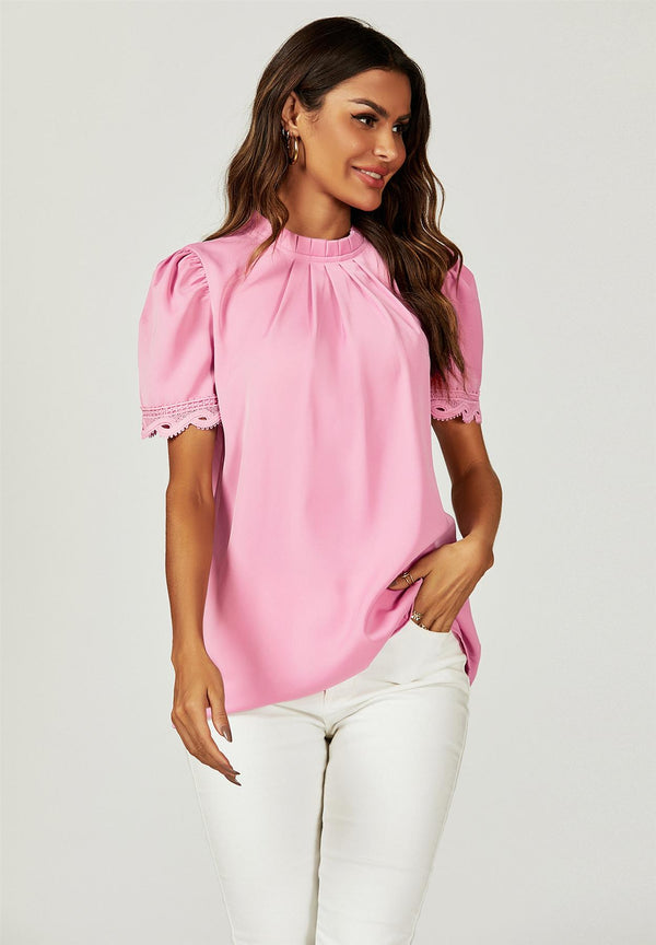 Lace Trim Detail Short Sleeve High Neck Blouse Top In Pink