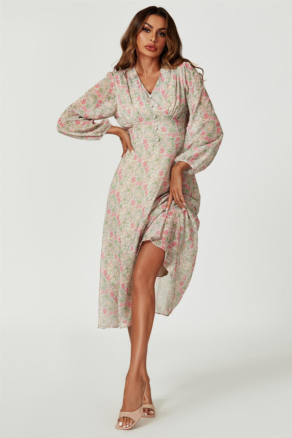 Floral Print Long Sleeve Maxi Dress In Multi