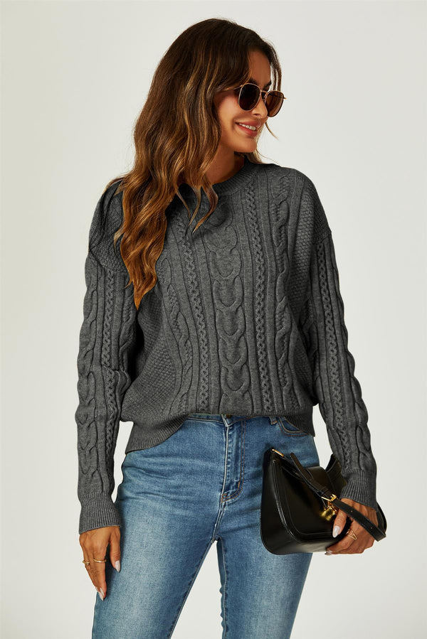 Cable Knit Crew Neck Jumper In Dark Grey