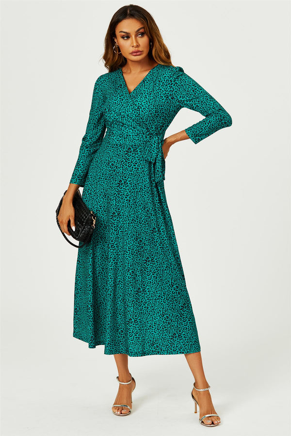 Green Leopard Print Wrap Top Midaxi Dress