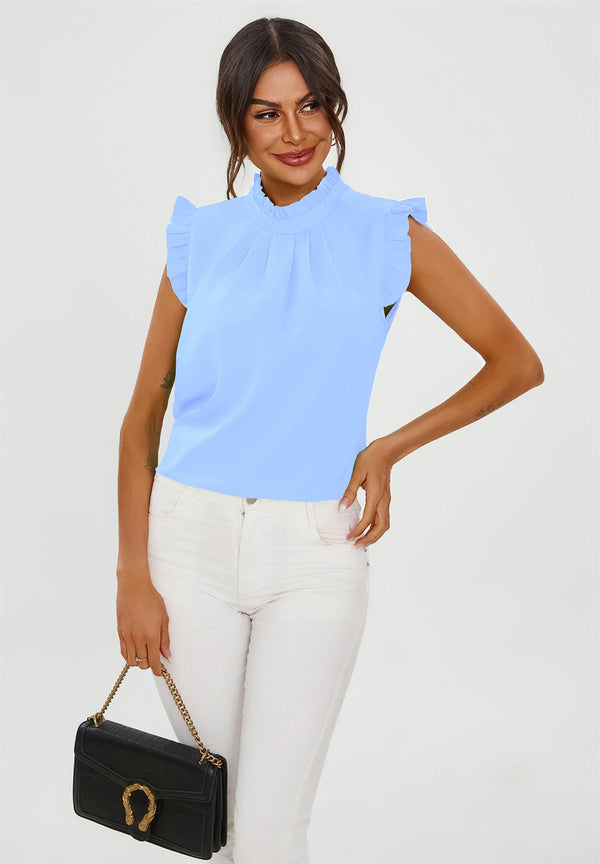 Frill Trim Sleeve High Neck Blouse Top In Light Blue