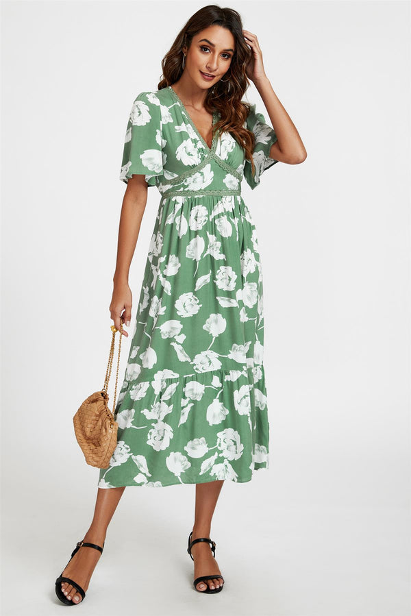 White Floral Print Lace Detail Angel Sleeve Midi Dress In Green