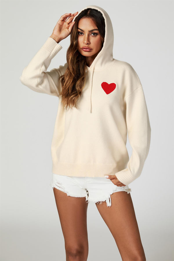 Heart Embroidery Knitted Hoodie In Cream