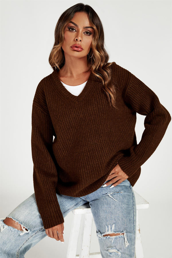 V Neck Jumper Top In Brown