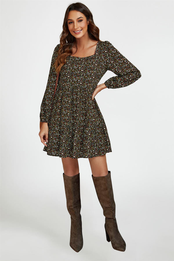 Little Floral Print Square Neck Mini Dress In Black