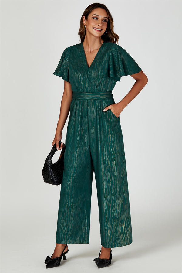 Gold Foil Print Wrap Top Jumpsuit In Green