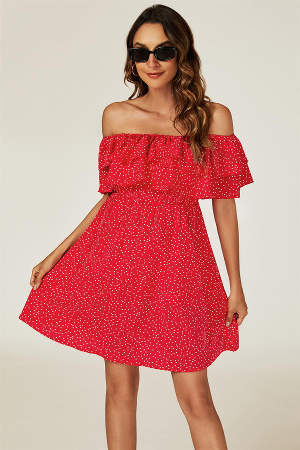 Polka Dot Bardot Frill Mini Dress In Red