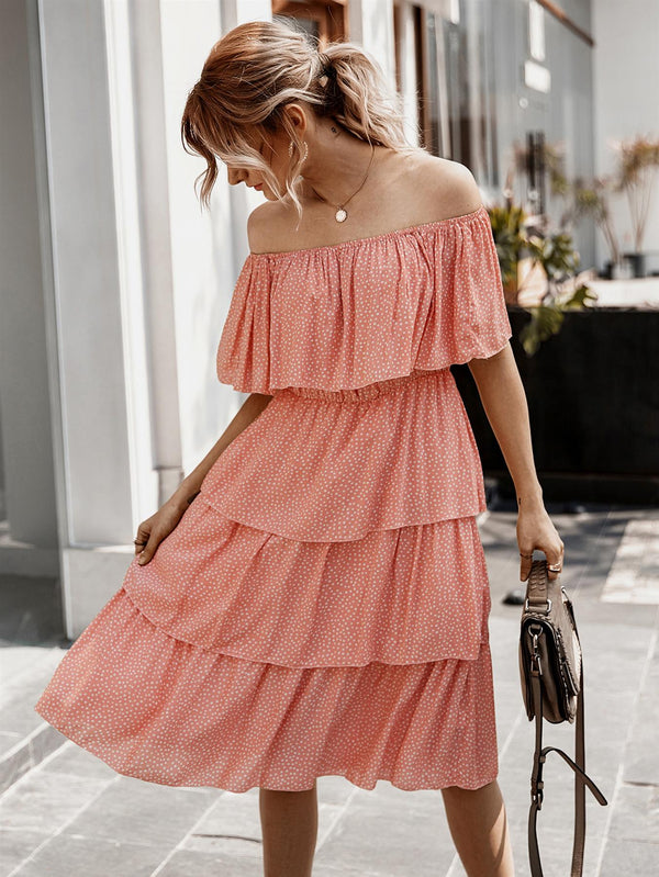 Off The Shoulder Bardot Frill Tiered Dress In Peach Polka Dot