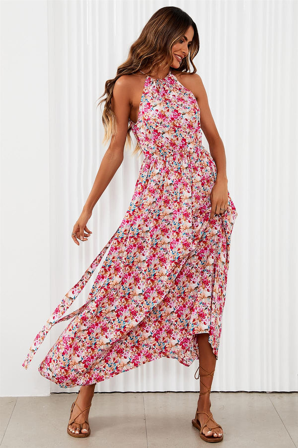 Floral Tie Halterneck Maxi Dress In Pink