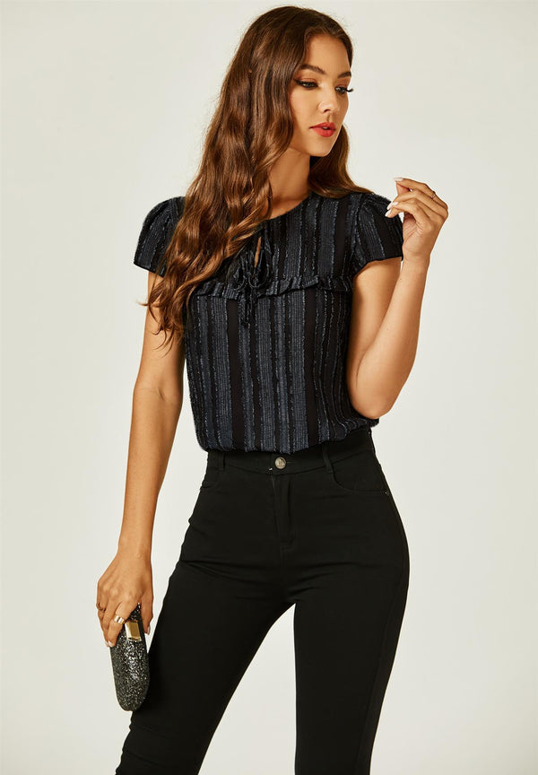 Flocked Tulle Sheer Top In Black