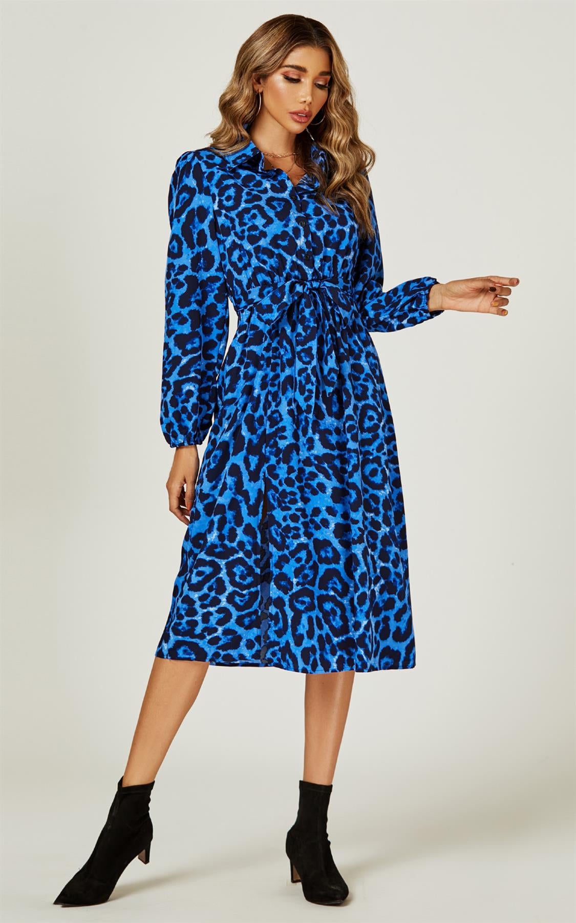 Leopard Print Split Leg Midi Shirt Dress In Royal Blue – FS Collection ...