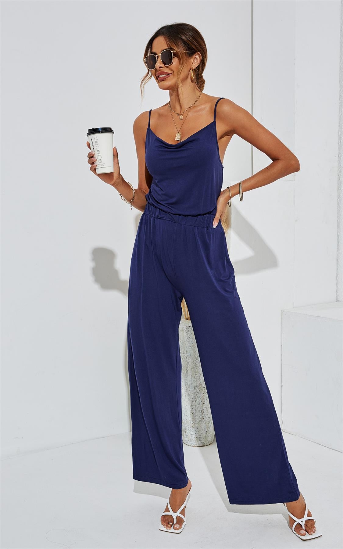 Strappy Jersey Culotte Jumpsuit In Navy