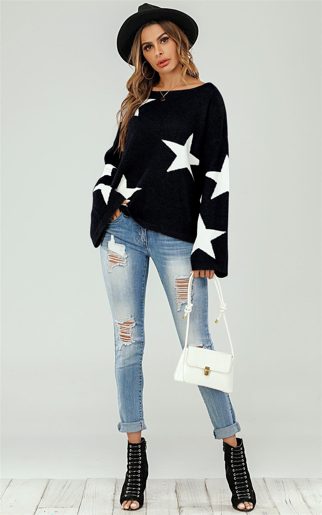 Wide Sleeve Oversize Black Jumper With White Star FS Collection London