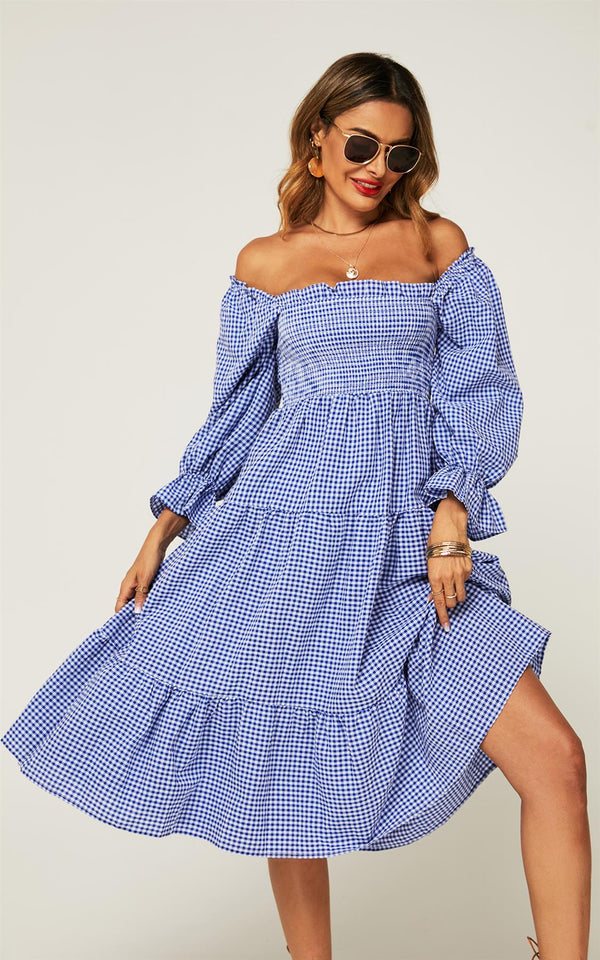 Bardot Puff Frill Sleeve Elasticated Detail Midi Dress In Blue