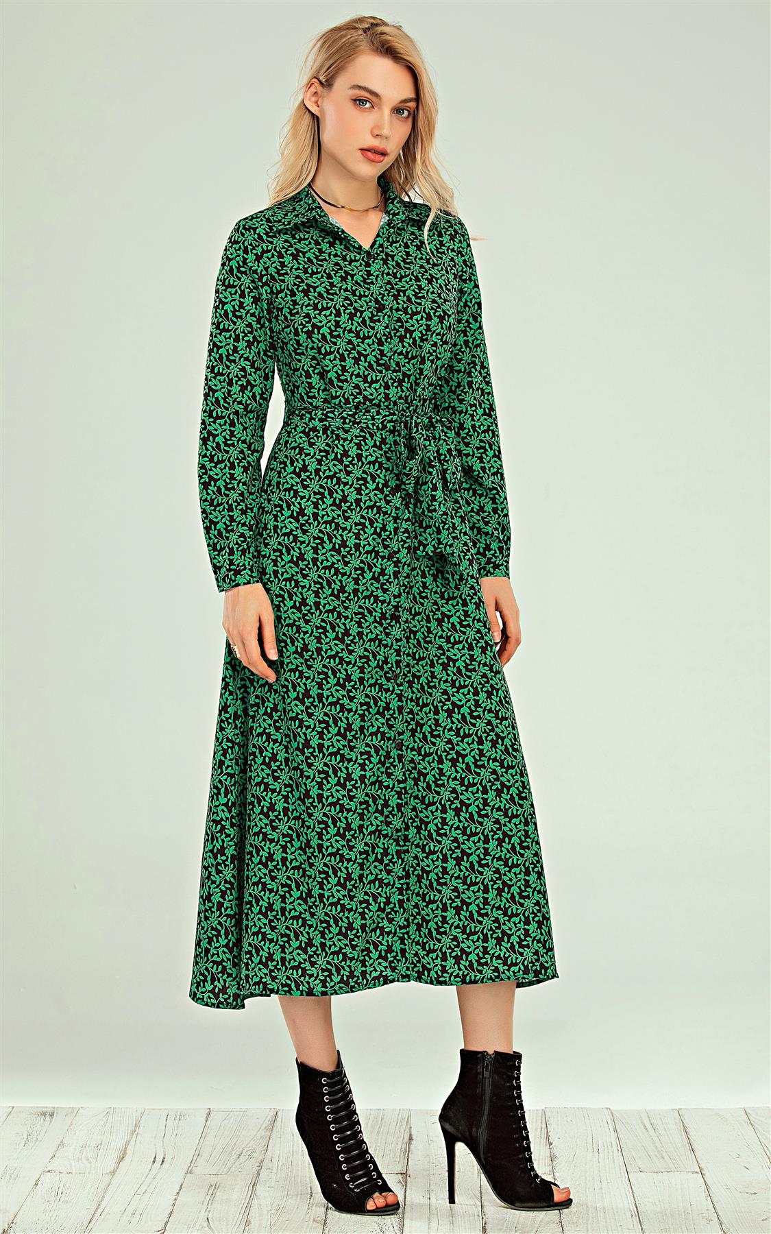 Shirt Midi Dress In Green leaf Print – FS Collection (London)