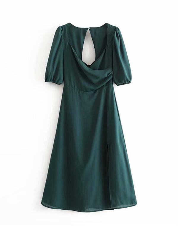 Midi Dress With Drape Sleeve In Green