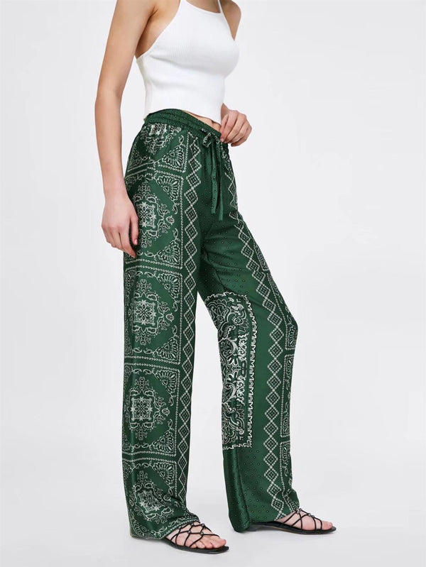 High-waist Trousers In Green Paisley