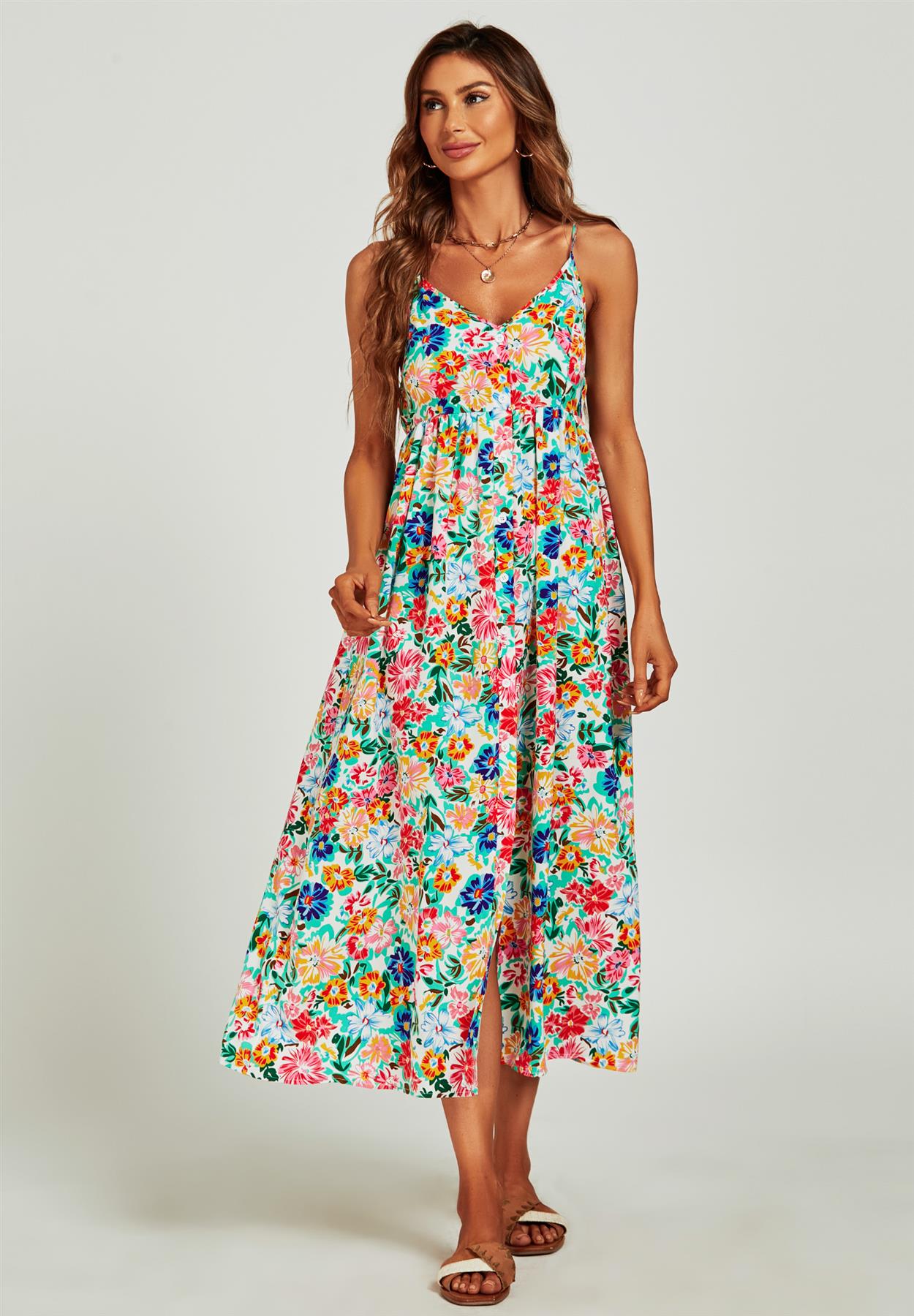 Floral Print Strappy Cami Midi Dress In White – FS Collection (London)