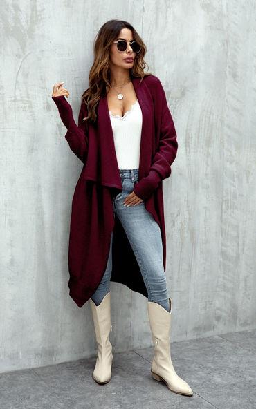 Wine Red Chunky Pleat Oversized Cardigan