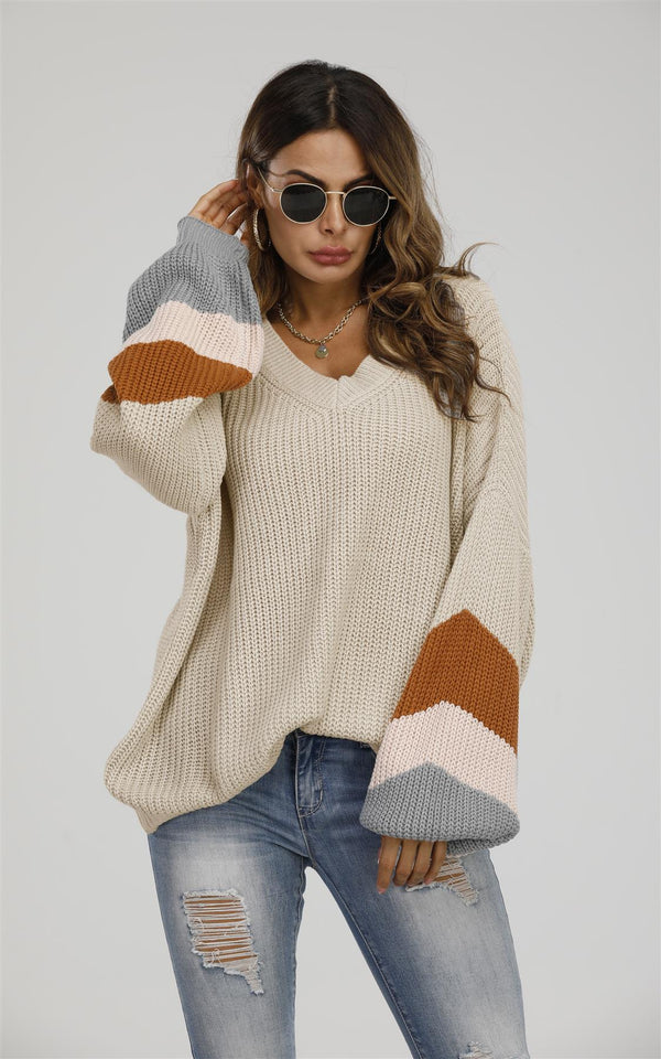 Gestreifter Pullover in Beige & Pfirsichrosa & Camel