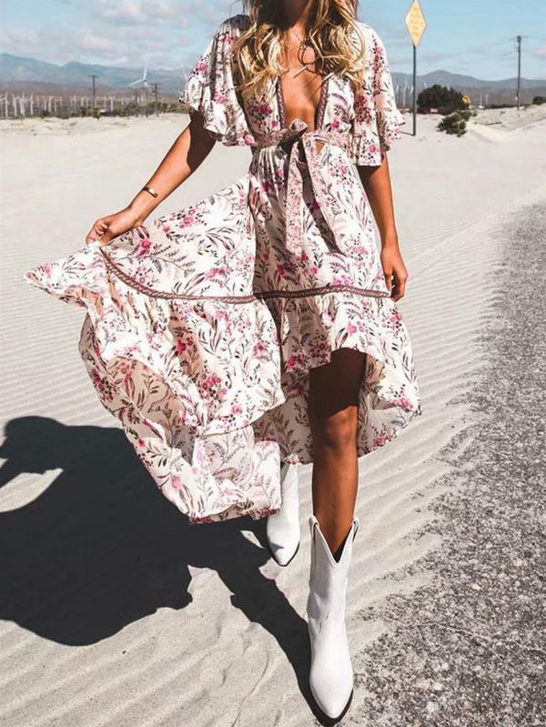 Bohemian High Low Maxi Dress With Back Detail In Pink Floral Print