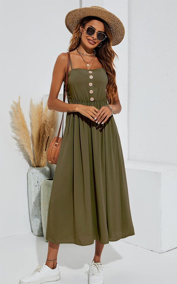 Button Down Strappy Midi Dress In Olive Green